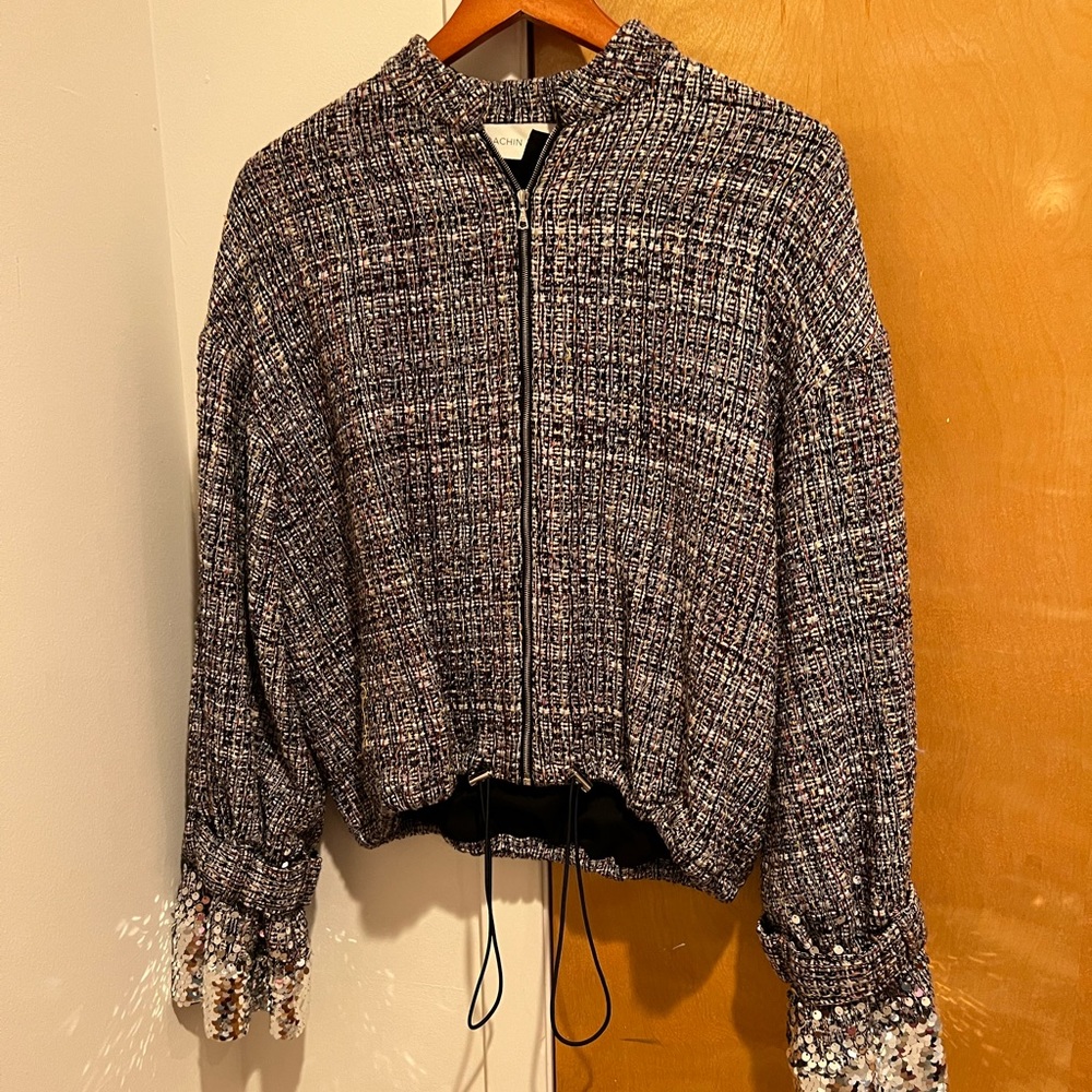 Sachin & Babi tweed zip up bomber with sequin sleeve detail